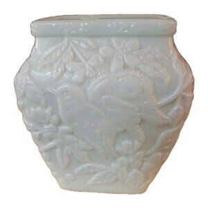 Vase White Vintage 1920 Consolidated Phoenix Art Glass Satin Martele' Chickadee